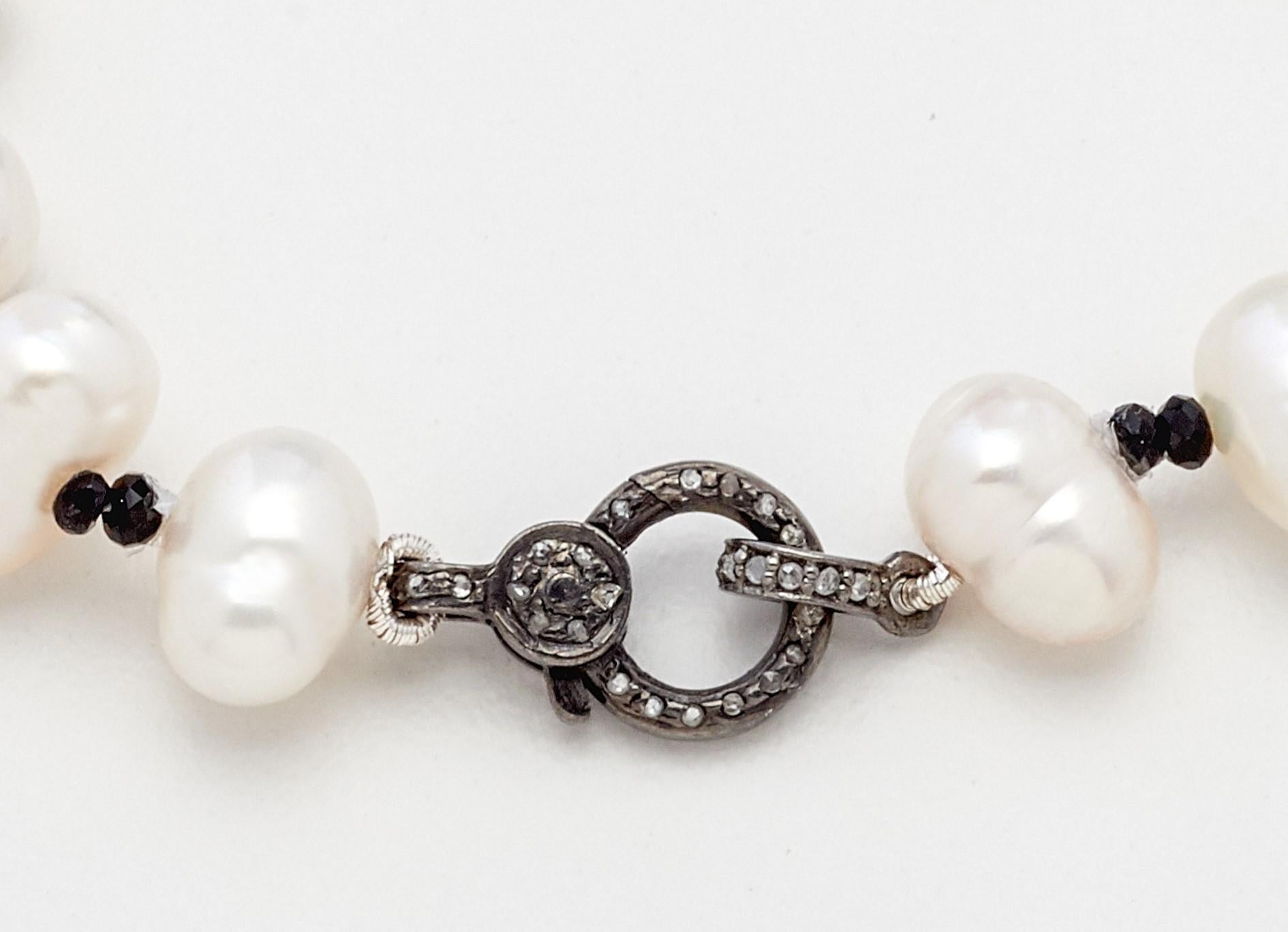 Artisan Diamond Art Placket Bracelet with Natural Pearls & Black Spinel  For Sale