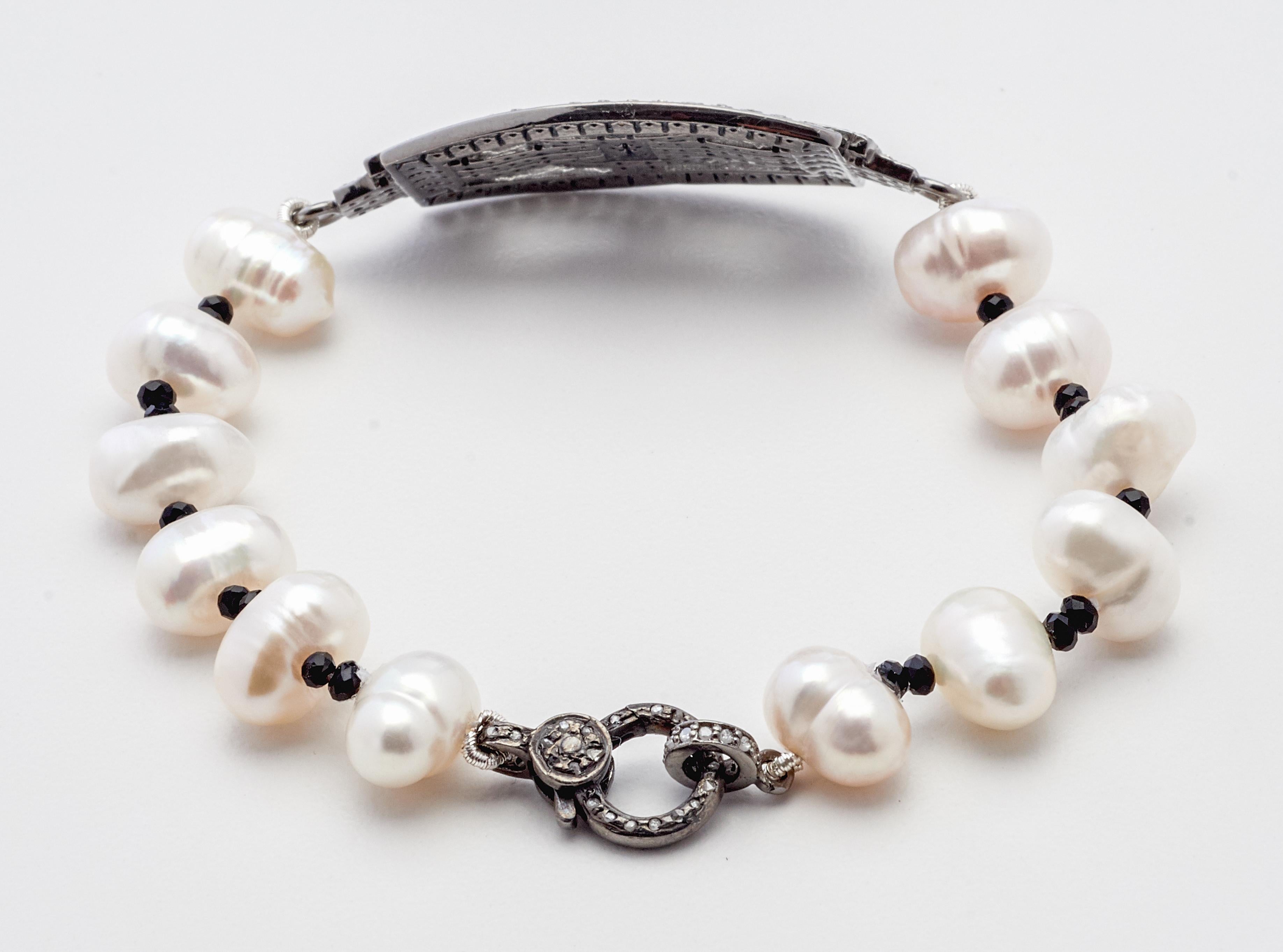 Round Cut Diamond Art Placket Bracelet with Natural Pearls & Black Spinel  For Sale