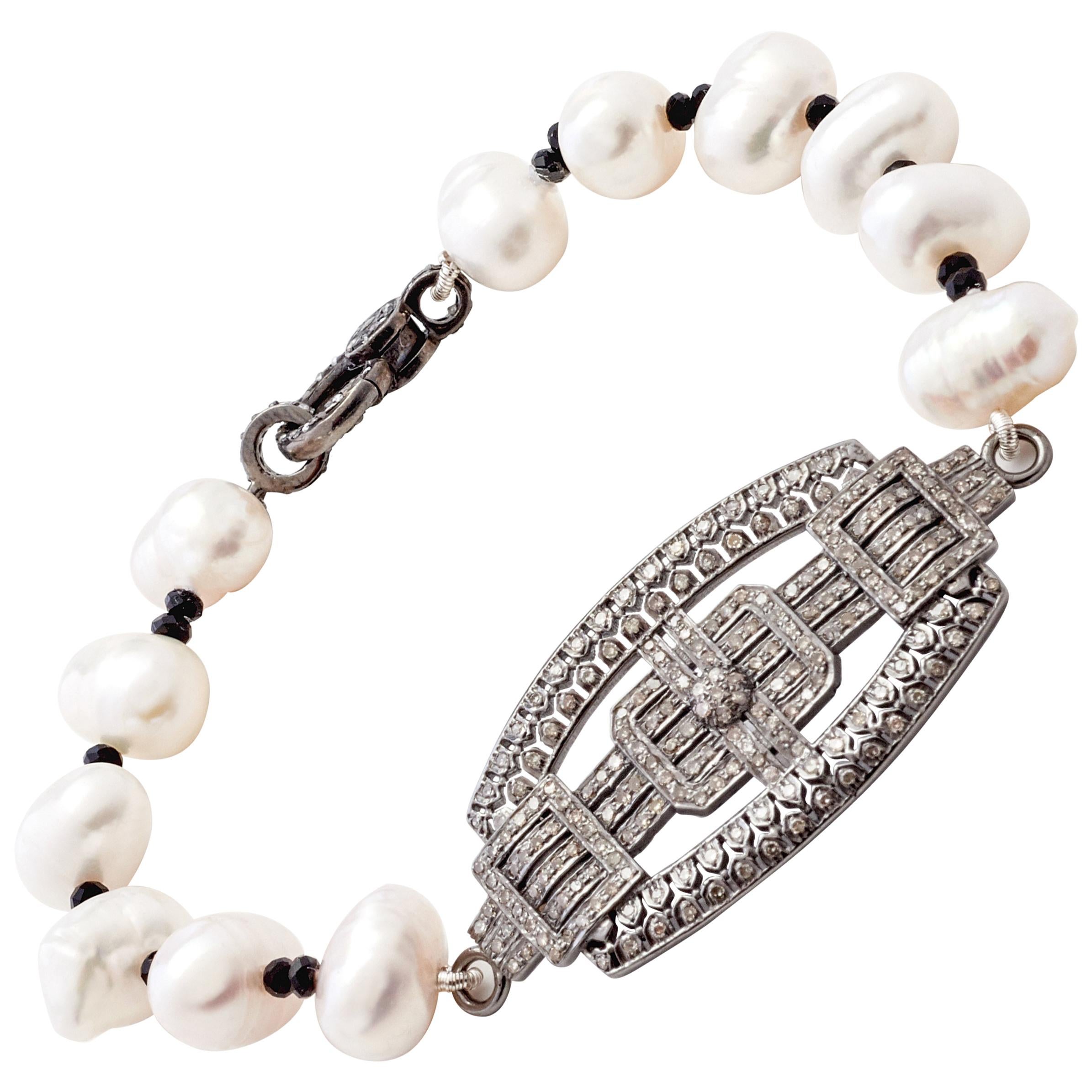 Diamond Art Placket Bracelet with Natural Pearls & Black Spinel  For Sale
