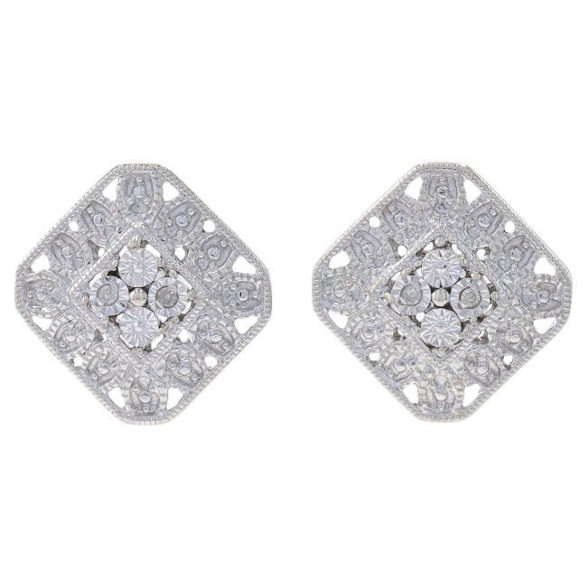 Sterling Silver Diamond Stud Earrings - 925 Single Cut Etched Milgrain Pierced For Sale