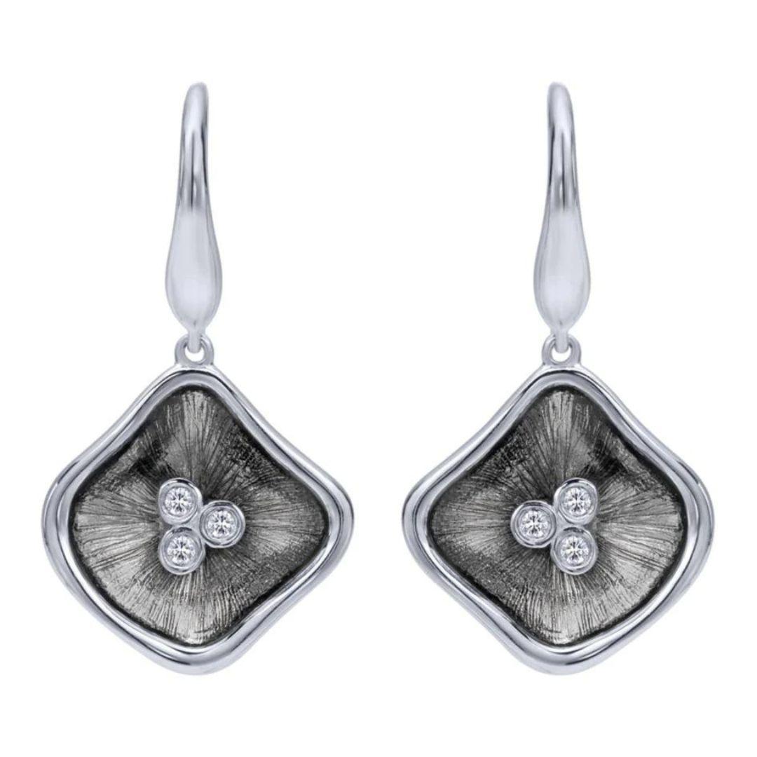 Round Cut Sterling Silver, Diamonds and Black Rhodium Drop Earrings For Sale