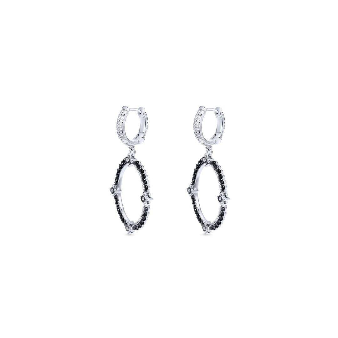 Sterling Silver, Diamonds and Black Spinel Drop Earrings. Beautiful open space earrings with genuine black spinel and premium round white diamonds. Diamond weight is 0.07 ctw, gemstone weight si 0.87 ctw. Rhodium finish for tarnish free maintenance.