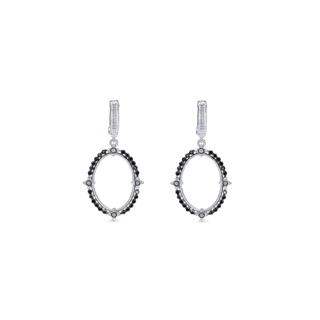 Round Cut   Sterling Silver, Diamonds and Black Spinel Drop Earrings For Sale