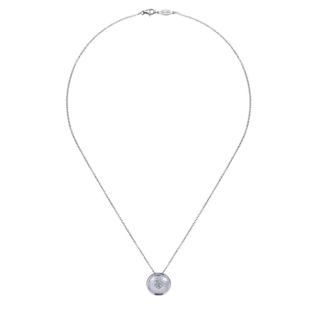 Sterling Silver, Diamonds and Hammer Finish Pendant. Black rhodium hammered finish with a gentle florette of bead set round white diamonds. Total diamond weight is 0.14 ctw. Chain is 18