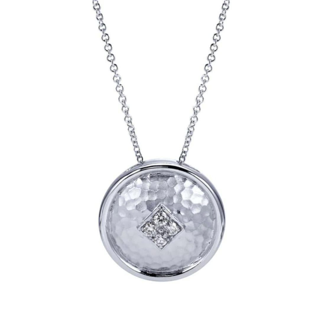 Round Cut   Sterling Silver, Diamonds and Hammer Finish Pendant For Sale