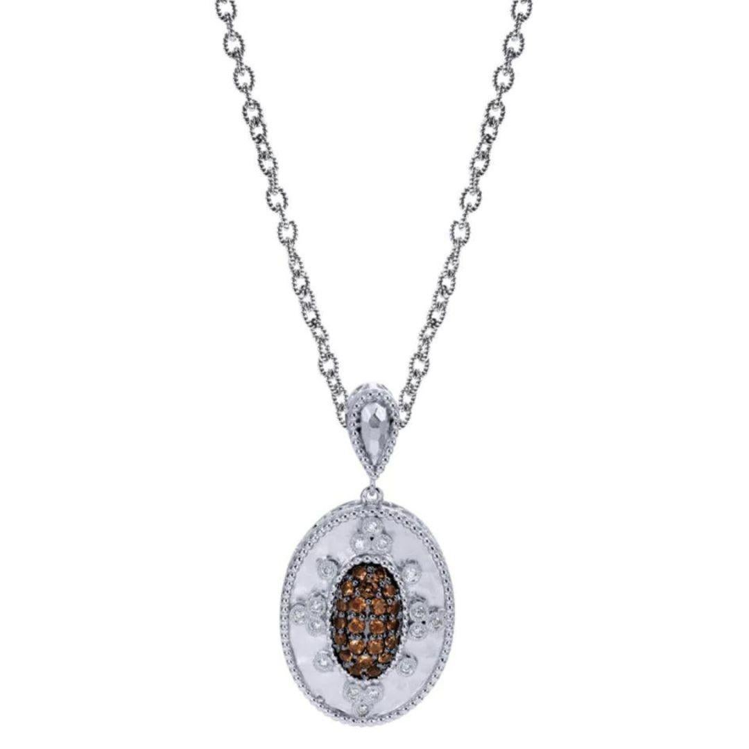 Round Cut   Sterling Silver, Diamonds and Smoky Topaz Pendant For Sale