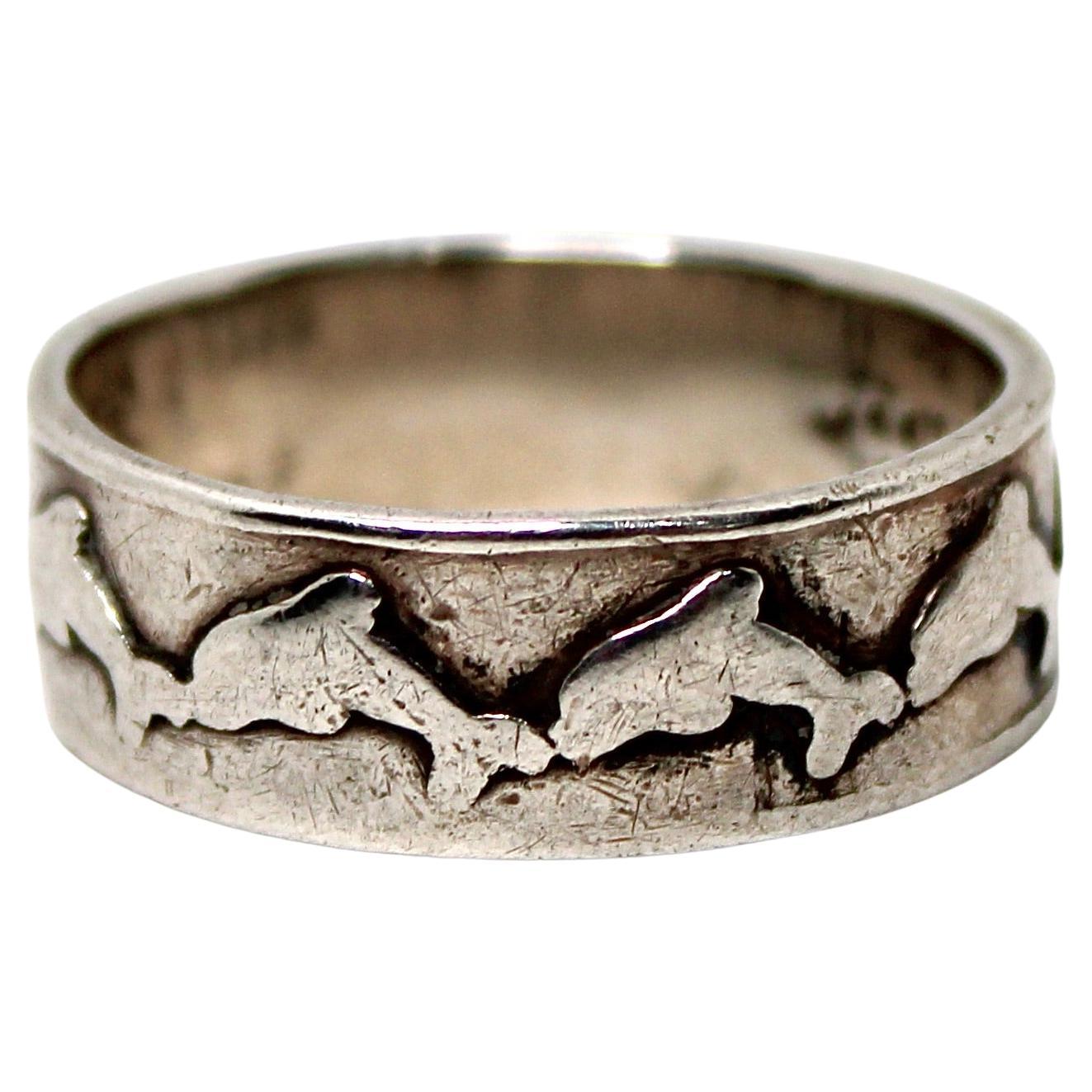 Sterling Silver Dolphin Motif Vintage Mens Ring For Sale