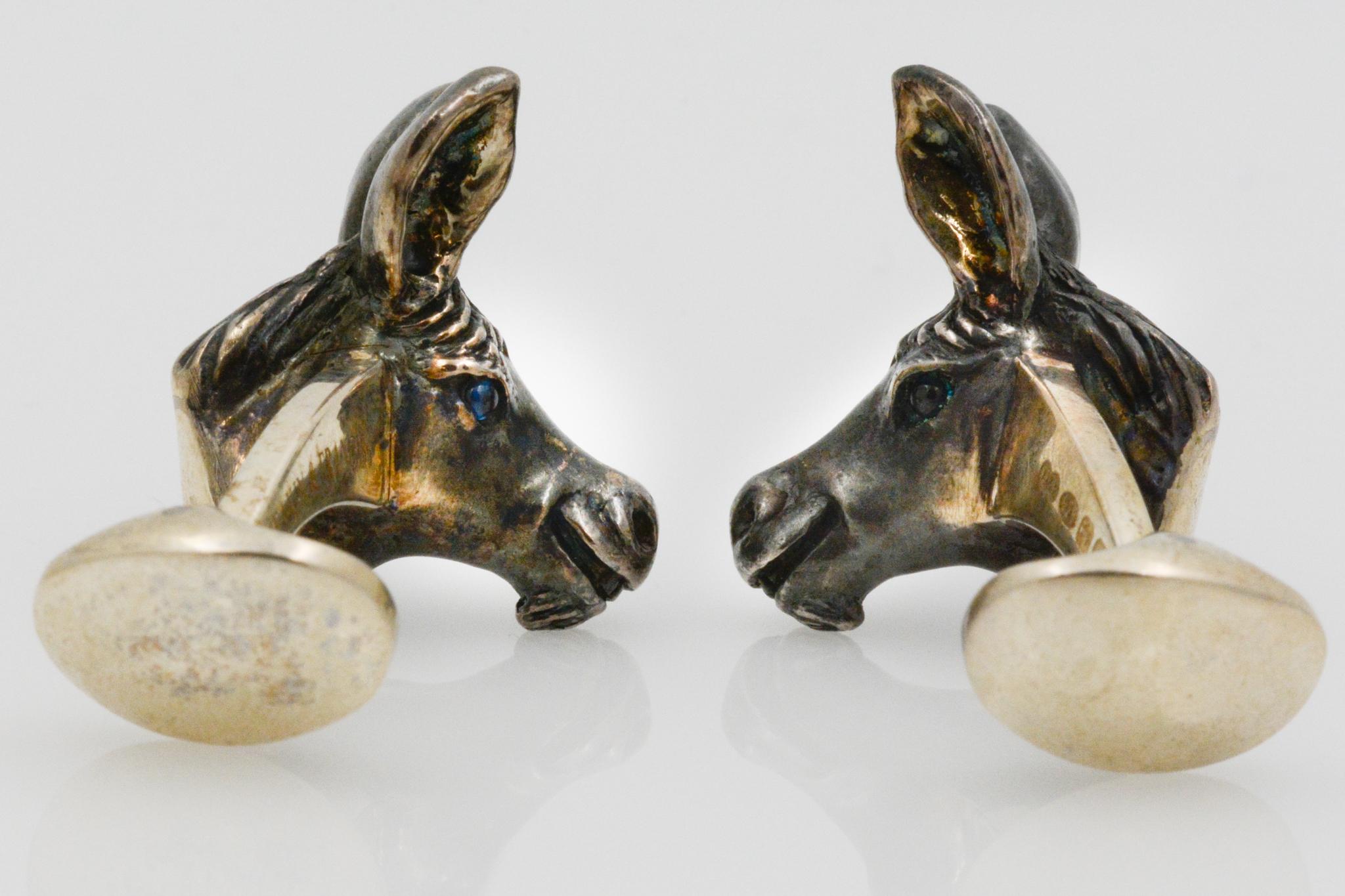 Men's Sterling Silver Donkey Head Blue Sapphire Eyes Cufflinks For Sale