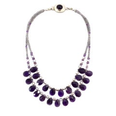 Sterling Silver Double Strand Necklace with Amethyst & Pearls and Jeweled Clasp