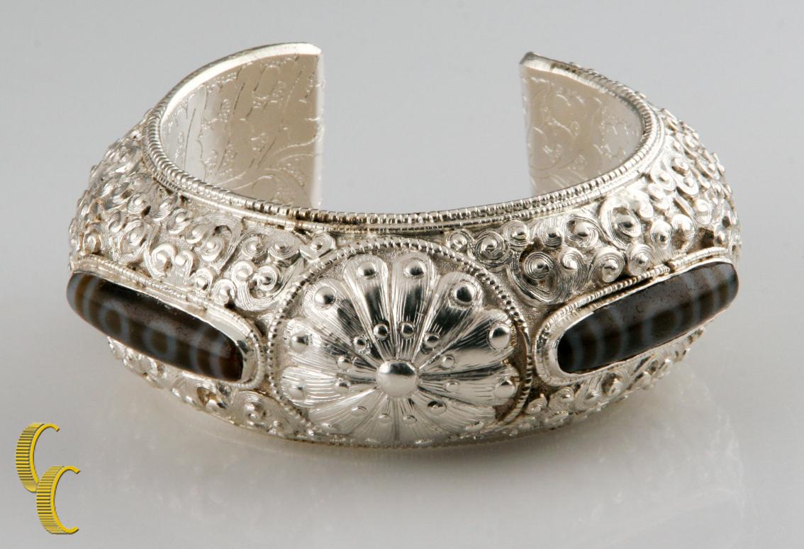 Sterling Silver Dragon Cuff Bracelet with Brown & White Stones, Size 7 In Good Condition For Sale In Van Nuys, CA