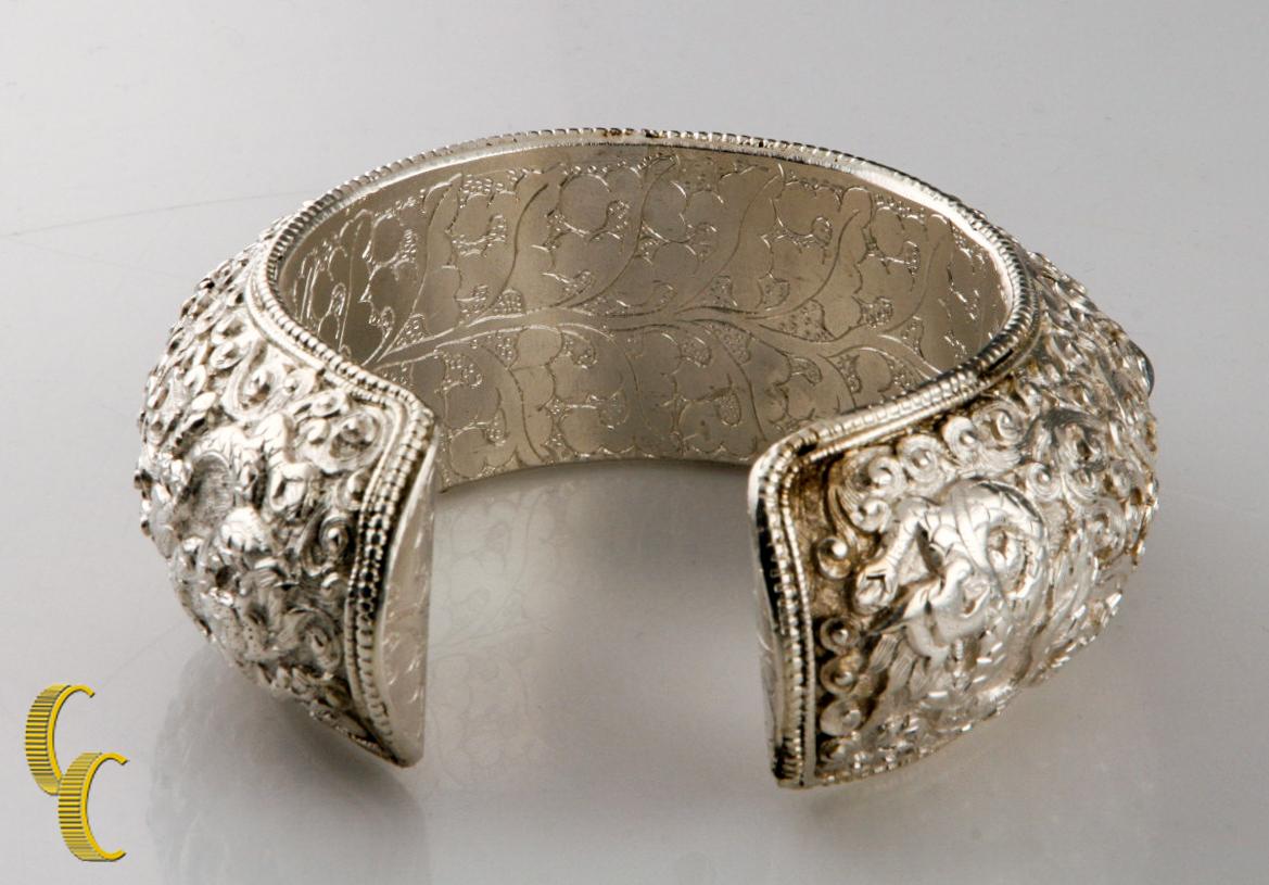 Women's or Men's Sterling Silver Dragon Cuff Bracelet with Brown & White Stones, Size 7 For Sale