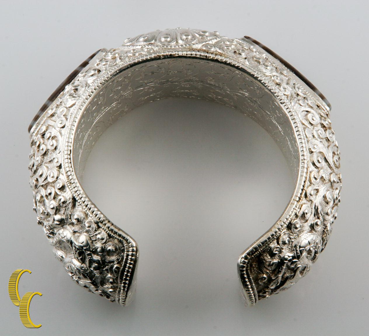 Sterling Silver Dragon Cuff Bracelet with Brown & White Stones, Size 7 For Sale 1