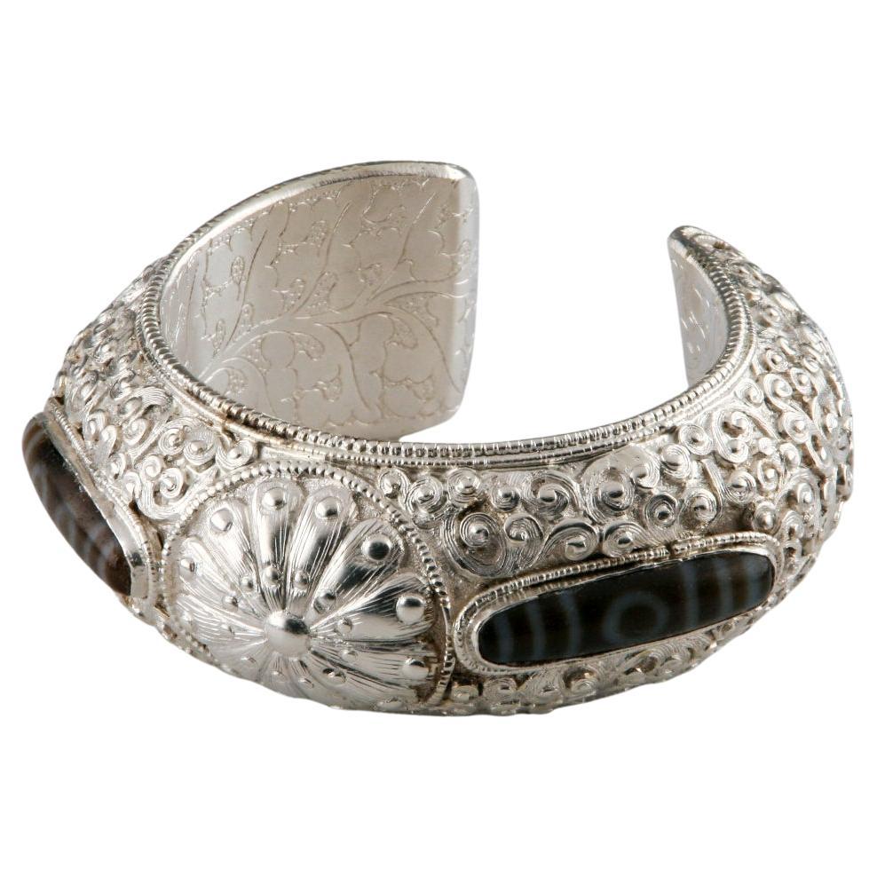 Sterling Silver Dragon Cuff Bracelet with Brown & White Stones, Size 7