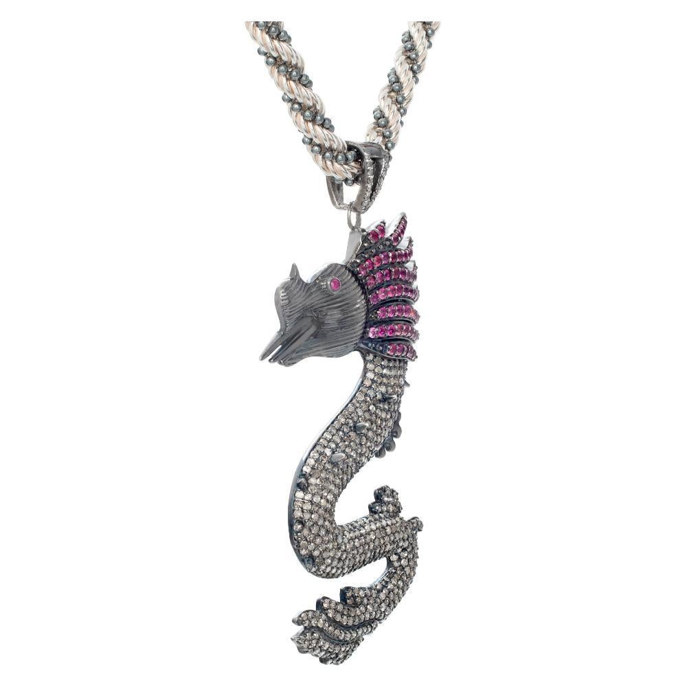 Sterling silver dragon pendant w/ rubies & diamond on sterling silver rope chain In Excellent Condition For Sale In Surfside, FL