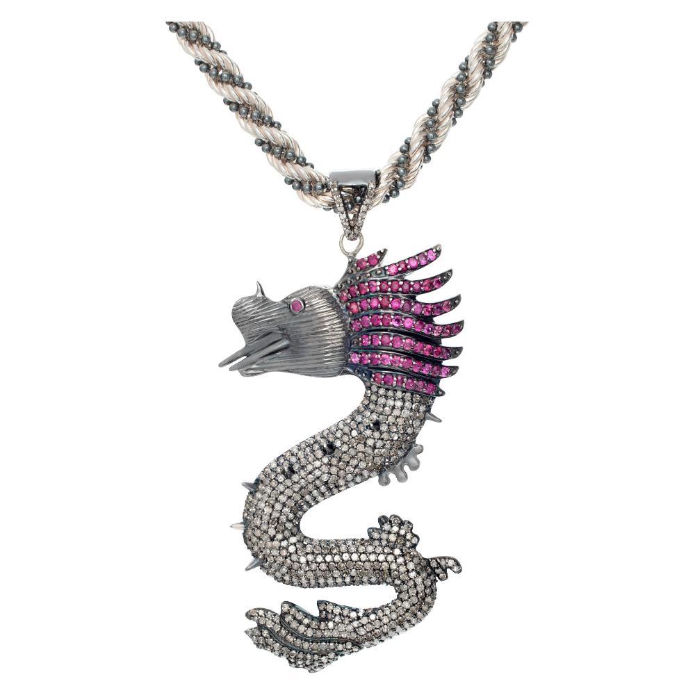 Sterling silver dragon pendant w/ rubies & diamond on sterling silver rope chain For Sale