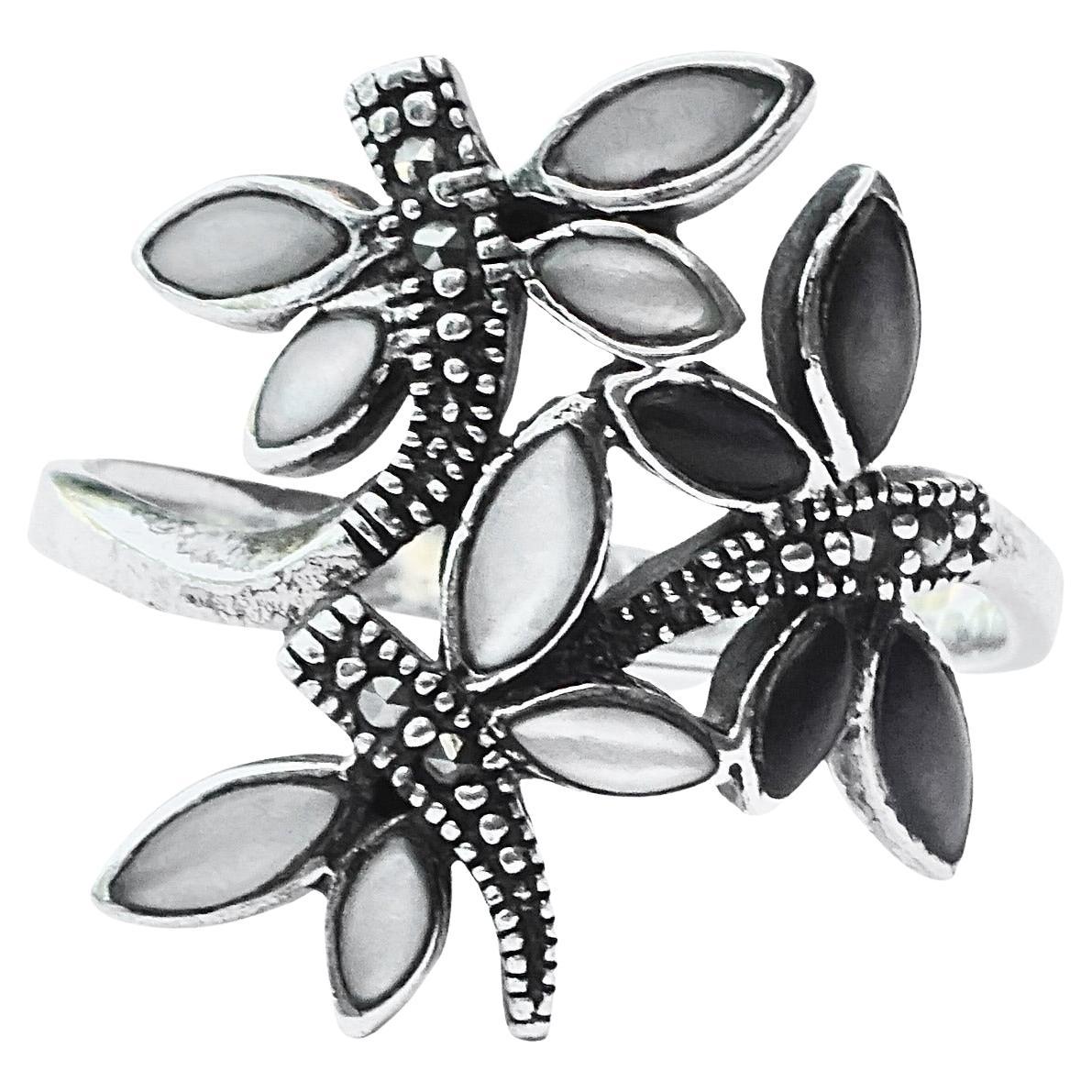Anello Libellula in argento 925 con vetro Moonglow e Marcasites, circa anni '70 in vendita