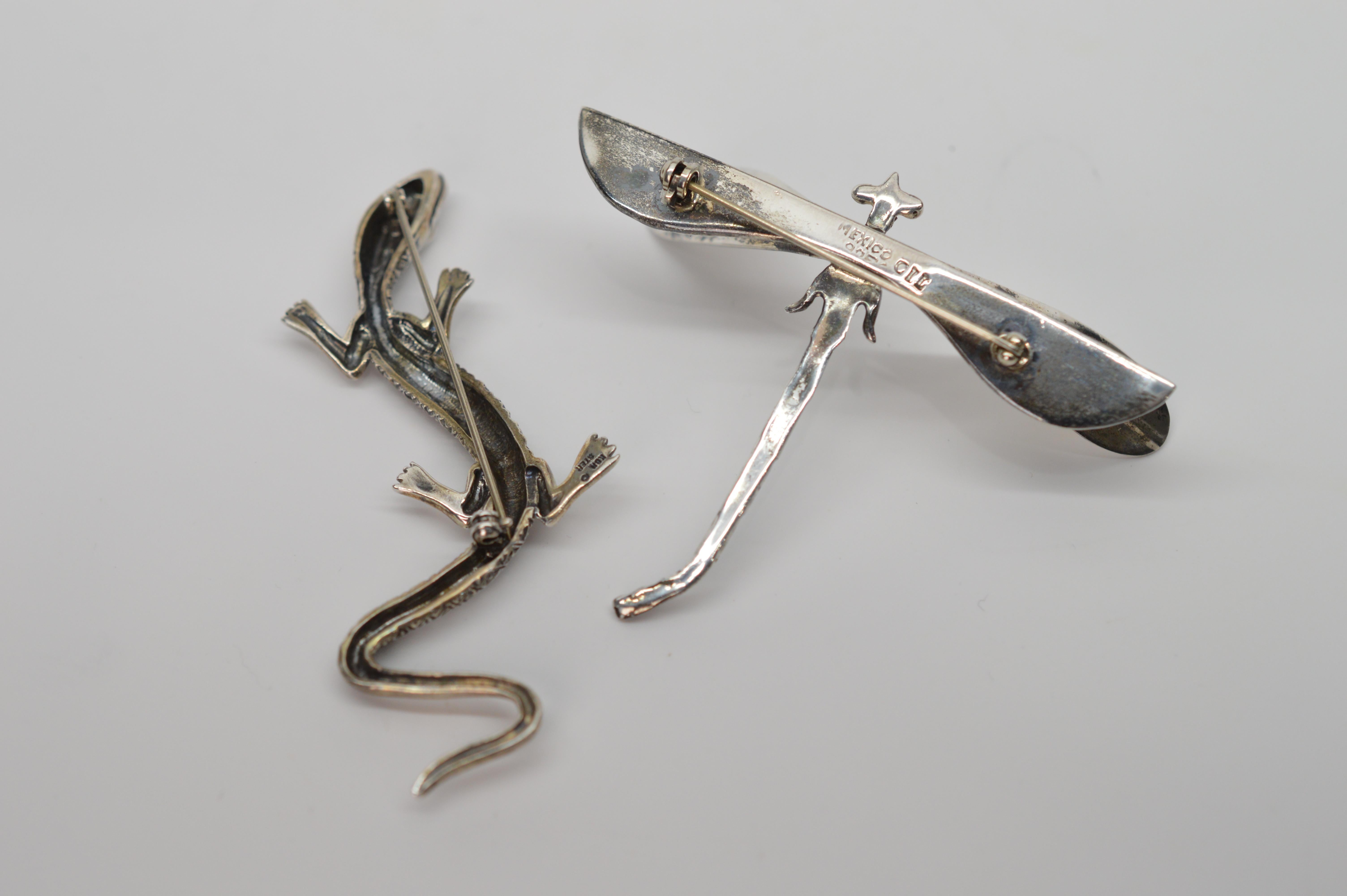 Women's Sterling Silver Dragonfly & Salamander Pin Brooch Duo 