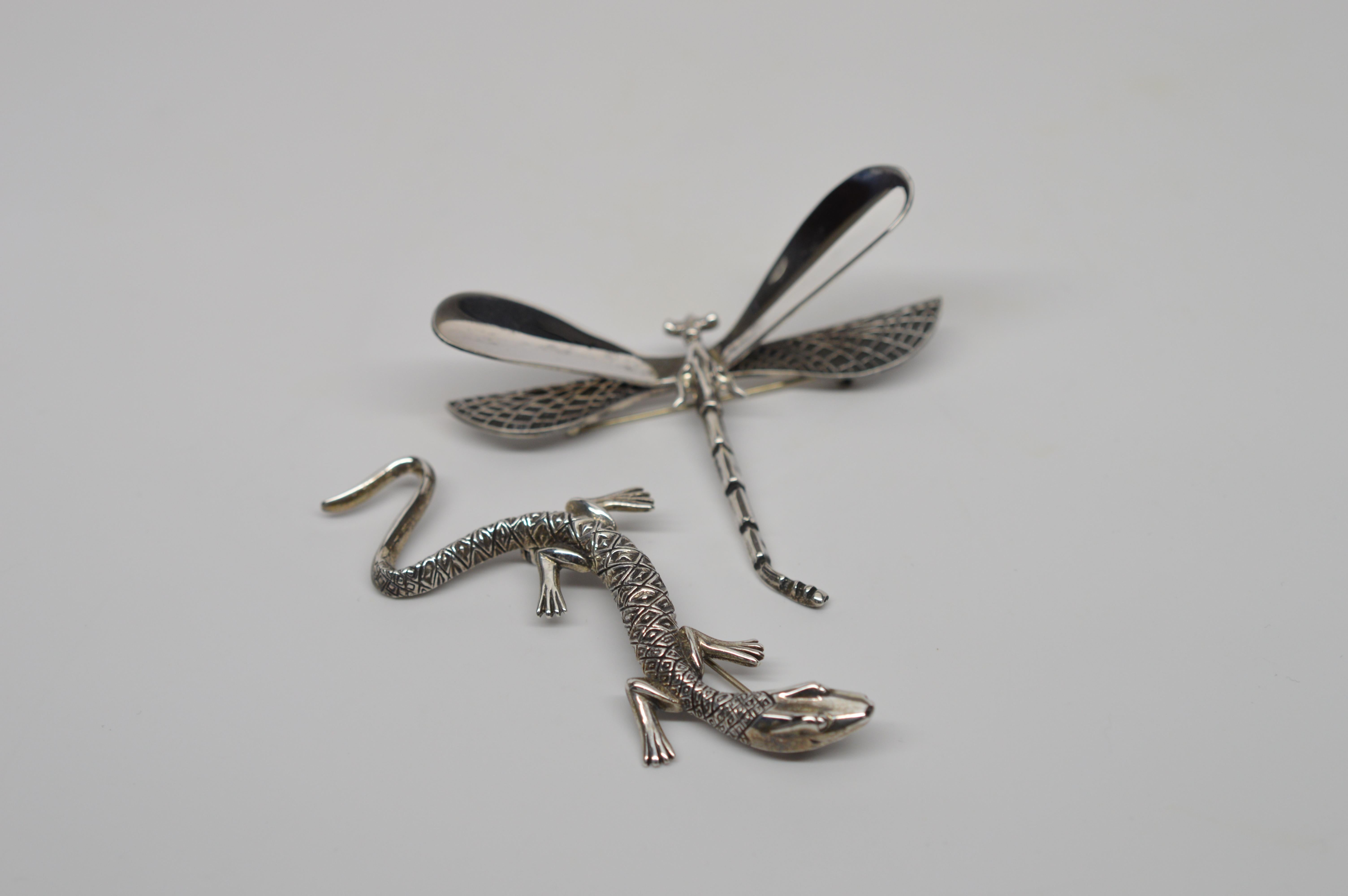 Sterling Silver Dragonfly & Salamander Pin Brooch Duo  3