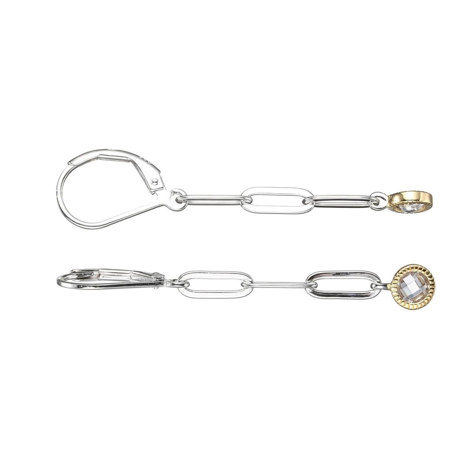 Modern Sterling Silver Drop Earrings Paperclip Chain (3mm) CZ (4mm). Yellow Gold Finish For Sale