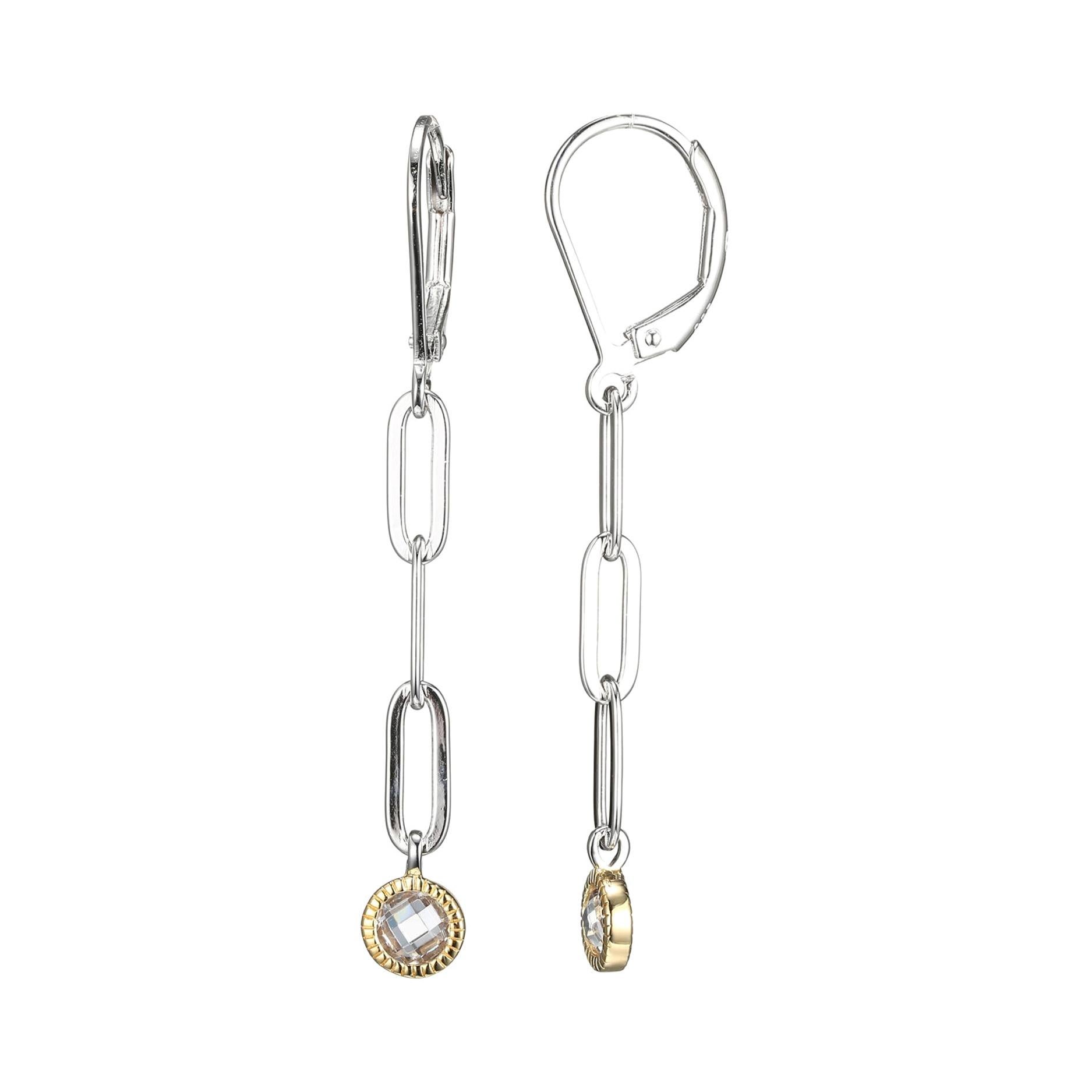 Sterling Silver Drop Earrings Paperclip Chain (3mm) CZ (4mm). Yellow Gold Finish For Sale