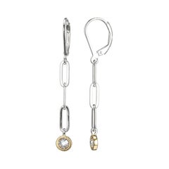 Sterling Silver Drop Earrings Paperclip Chain (3mm) CZ (4mm). Yellow Gold Finish