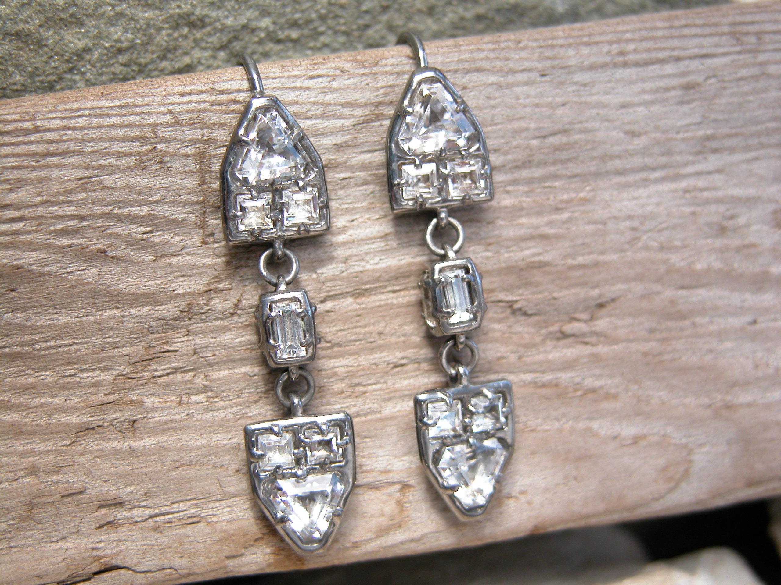 Mixed Cut Sterling Silver Drop Earrings with Fancy Shaped White Topaz For Sale