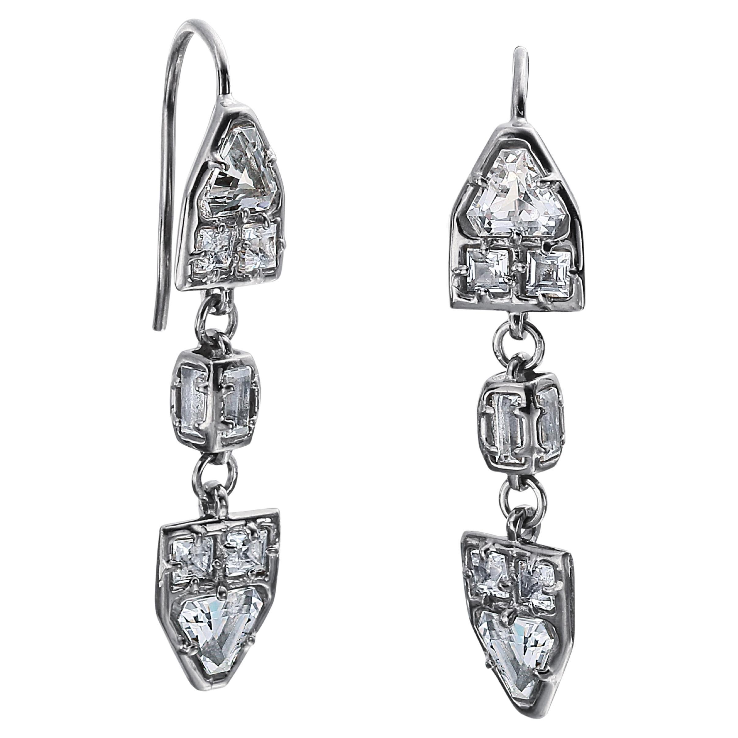 Sterling Silver Drop Earrings with Fancy Shaped White Topaz For Sale