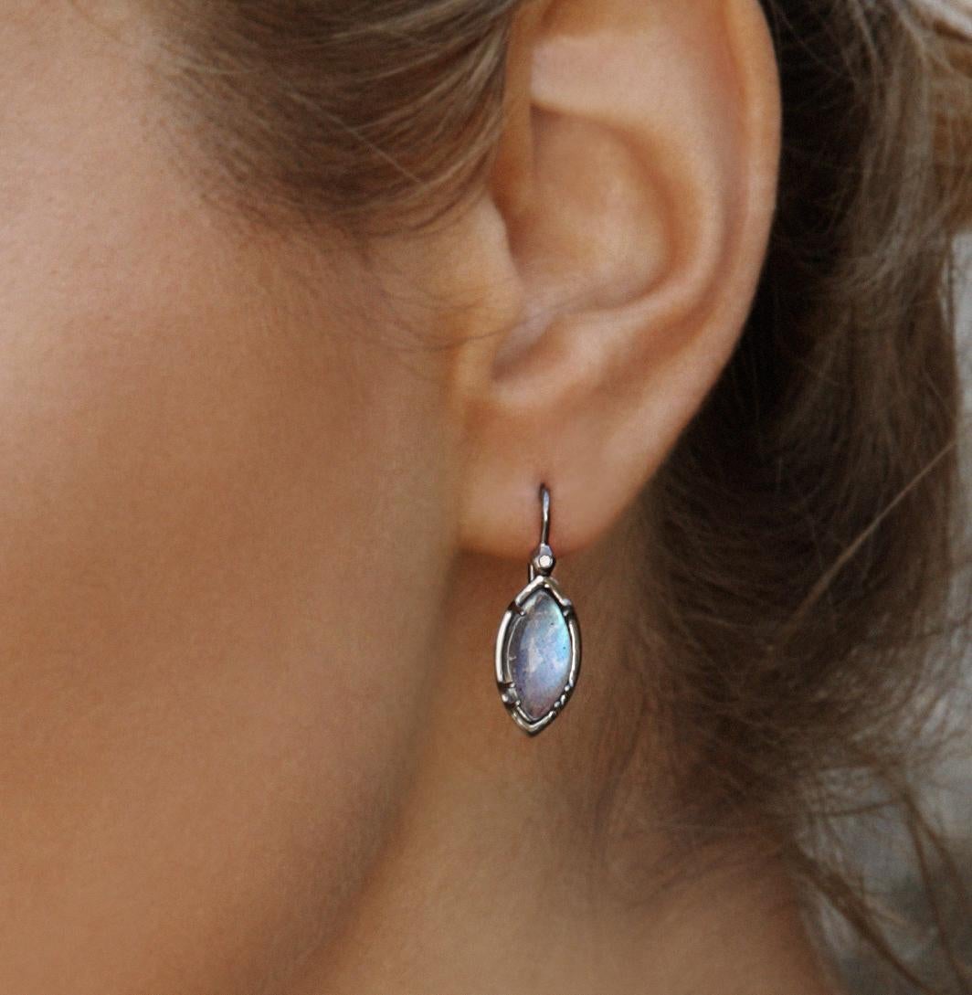 Sterling Silver Drop Earrings with Marquise Rose Cut Moonstone and Diamond In New Condition For Sale In Weehawken, NJ