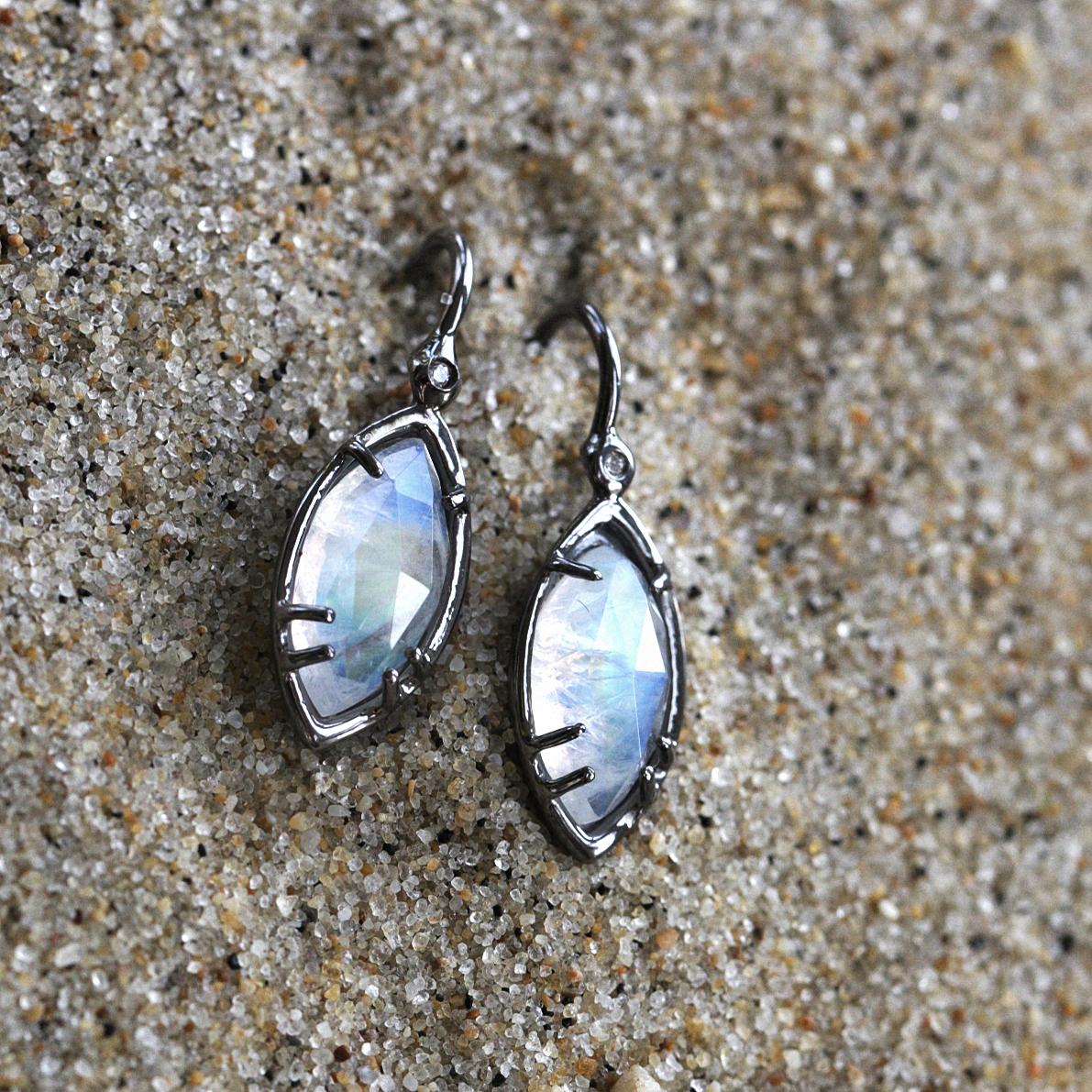 Women's Sterling Silver Drop Earrings with Marquise Rose Cut Moonstone and Diamond For Sale