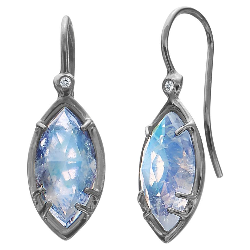 Sterling Silver Drop Earrings with Marquise Rose Cut Moonstone and Diamond For Sale