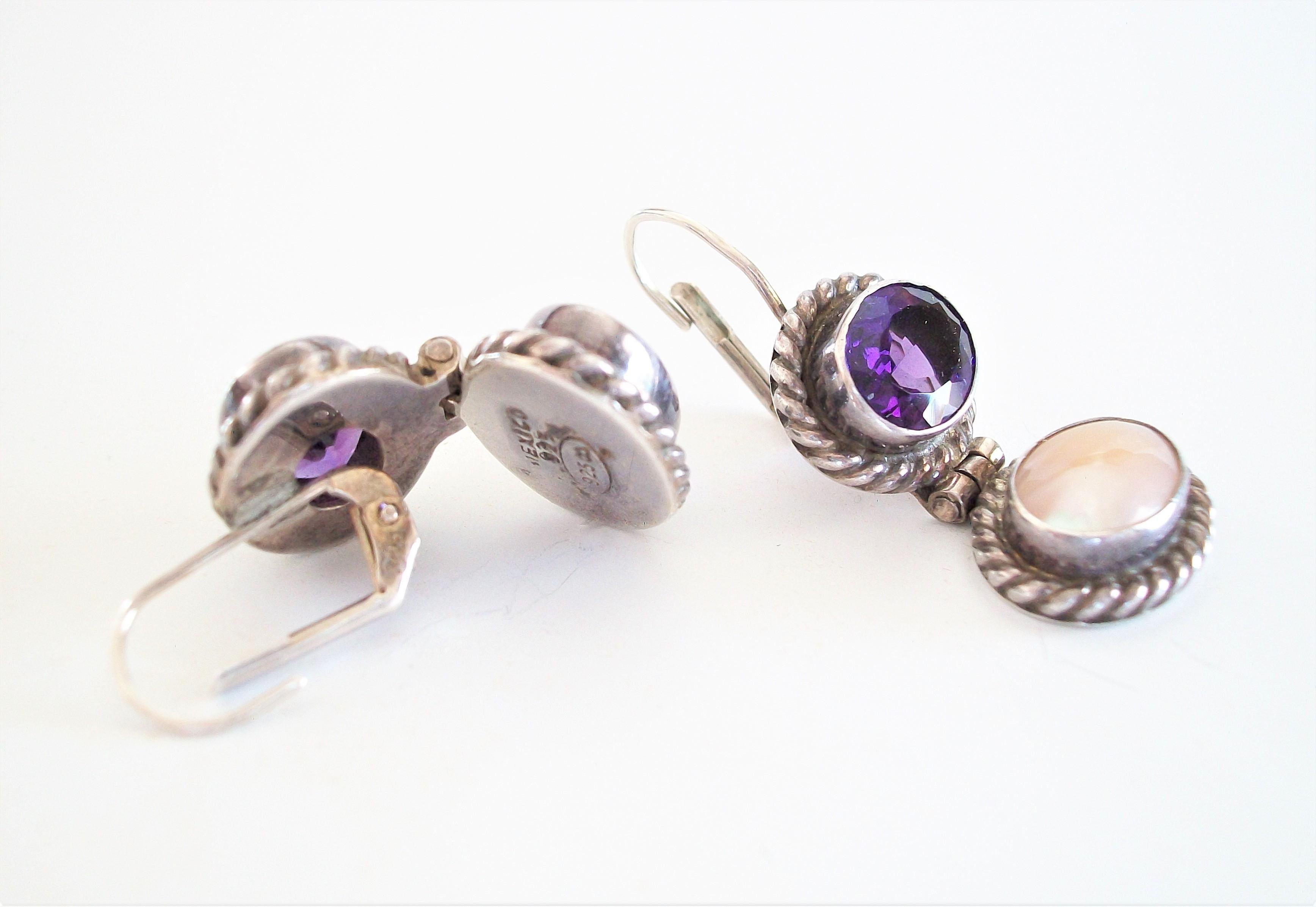 Modern Sterling Silver Drop Earrings with Purple Amethyst & M.O.P. - Mexico - C.2000 For Sale