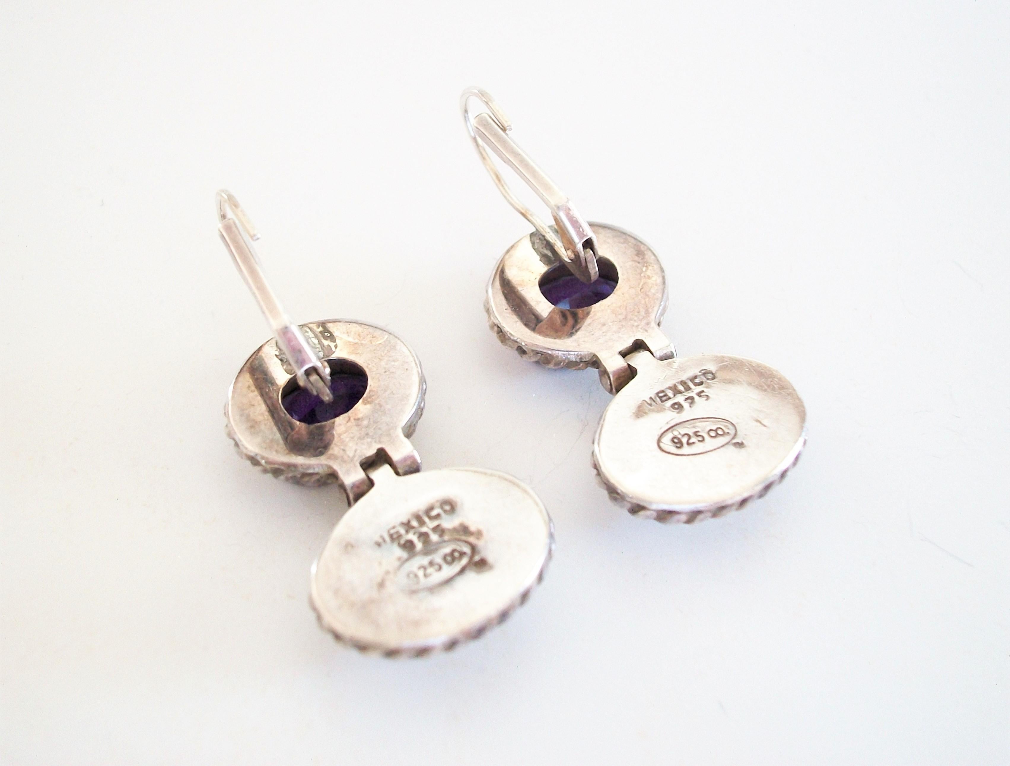 Oval Cut Sterling Silver Drop Earrings with Purple Amethyst & M.O.P. - Mexico - C.2000 For Sale