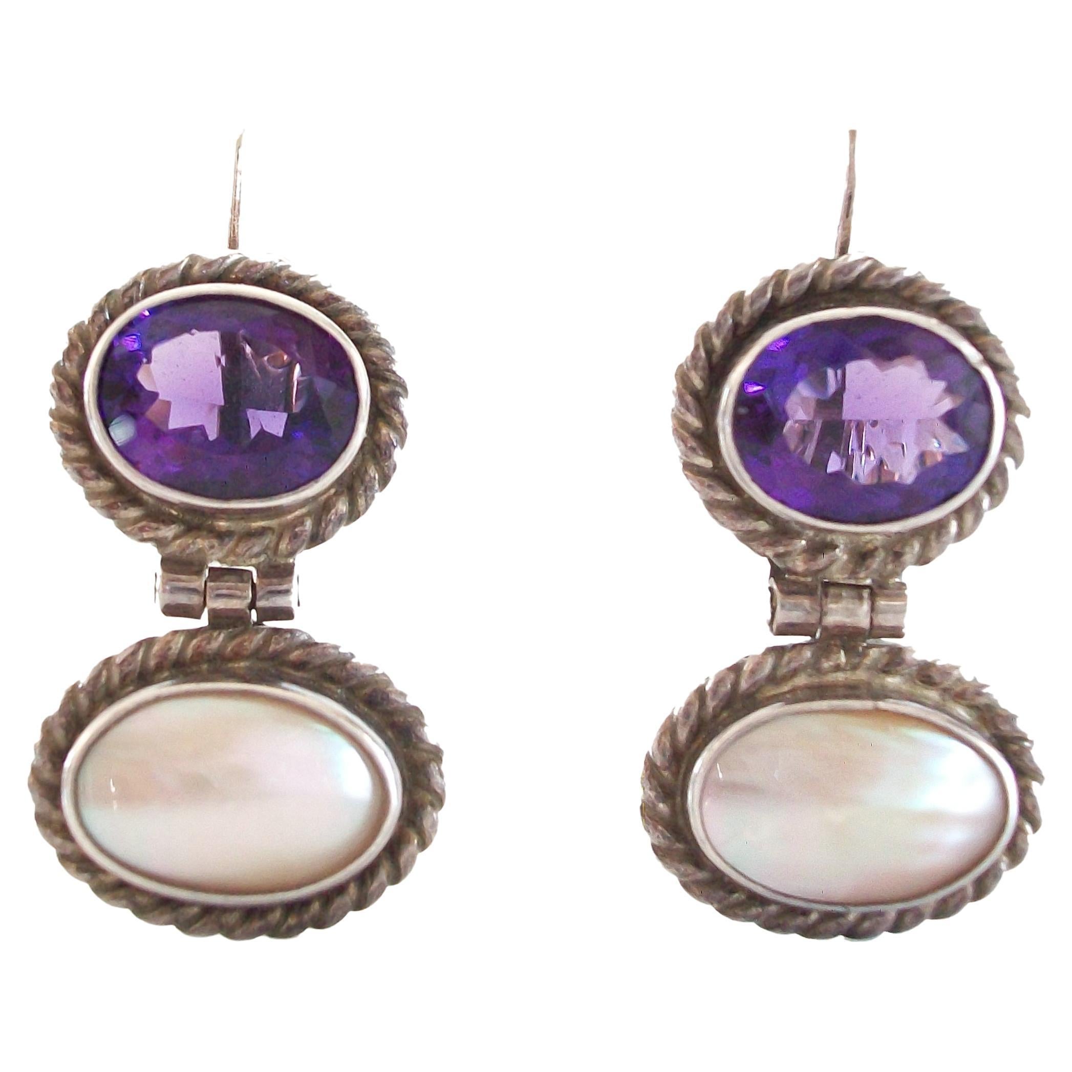 Sterling Silver Drop Earrings with Purple Amethyst & M.O.P. - Mexico - C.2000 For Sale