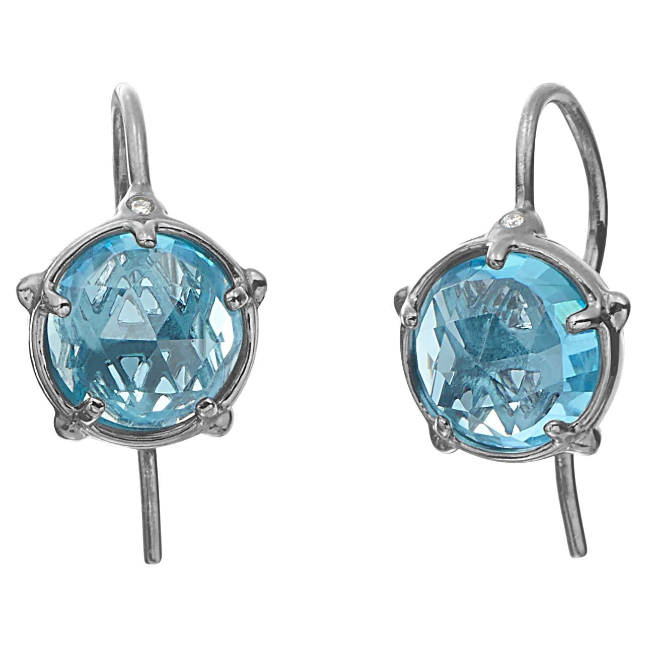 Boucles d'oreilles en argent sterling avec topaze bleue taille rose et diamants en vente