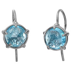 Used Sterling Silver Drop Earrings with Rose Cut Blue Topaz and Diamond Accent