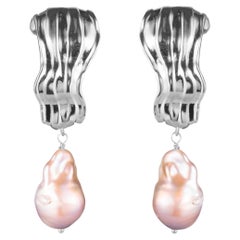 Sterling Silver Dune Tahitian Baroque Pearl Drop Hoop Earrings by Sterling King