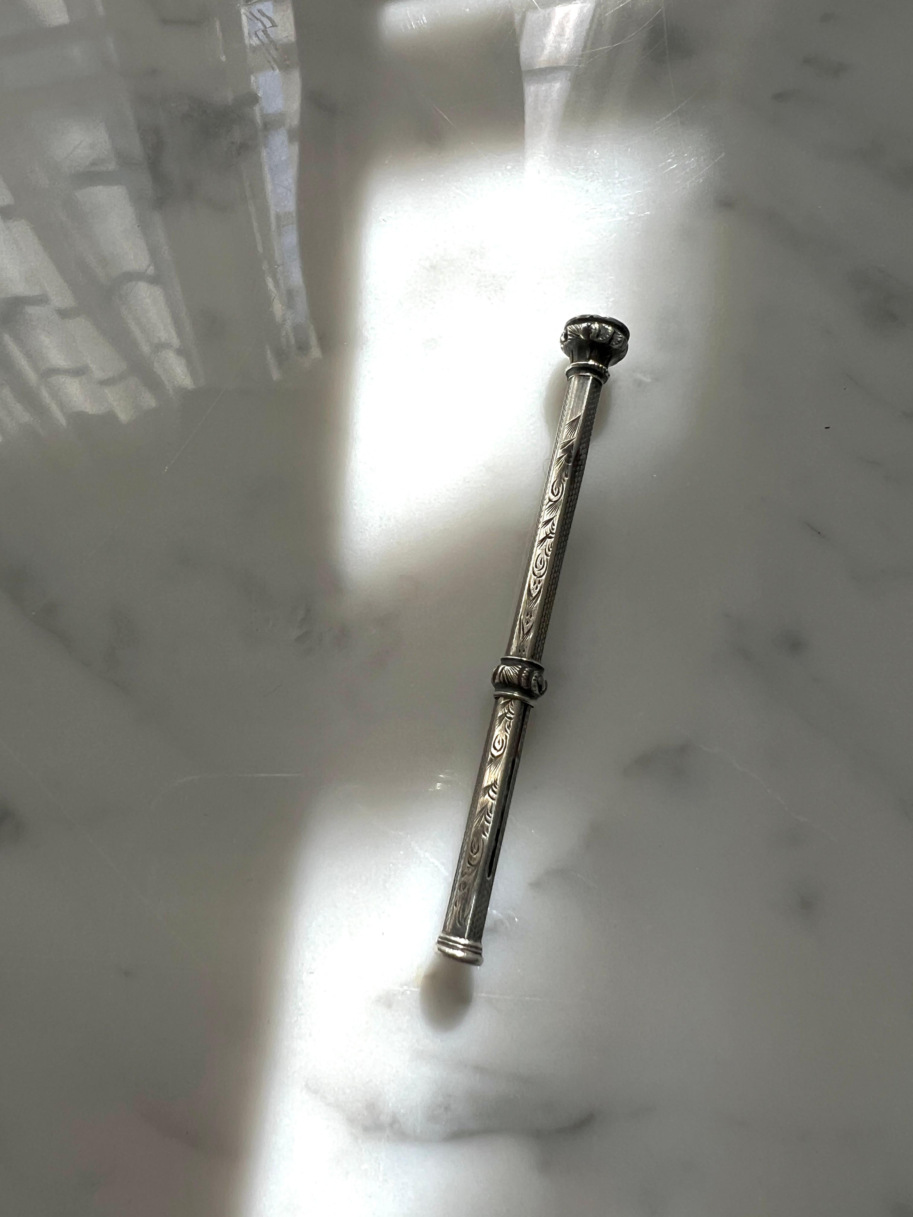Patinated Sterling Silver Early 20th Century Victorian Slide Pencil with Citrine Tip For Sale