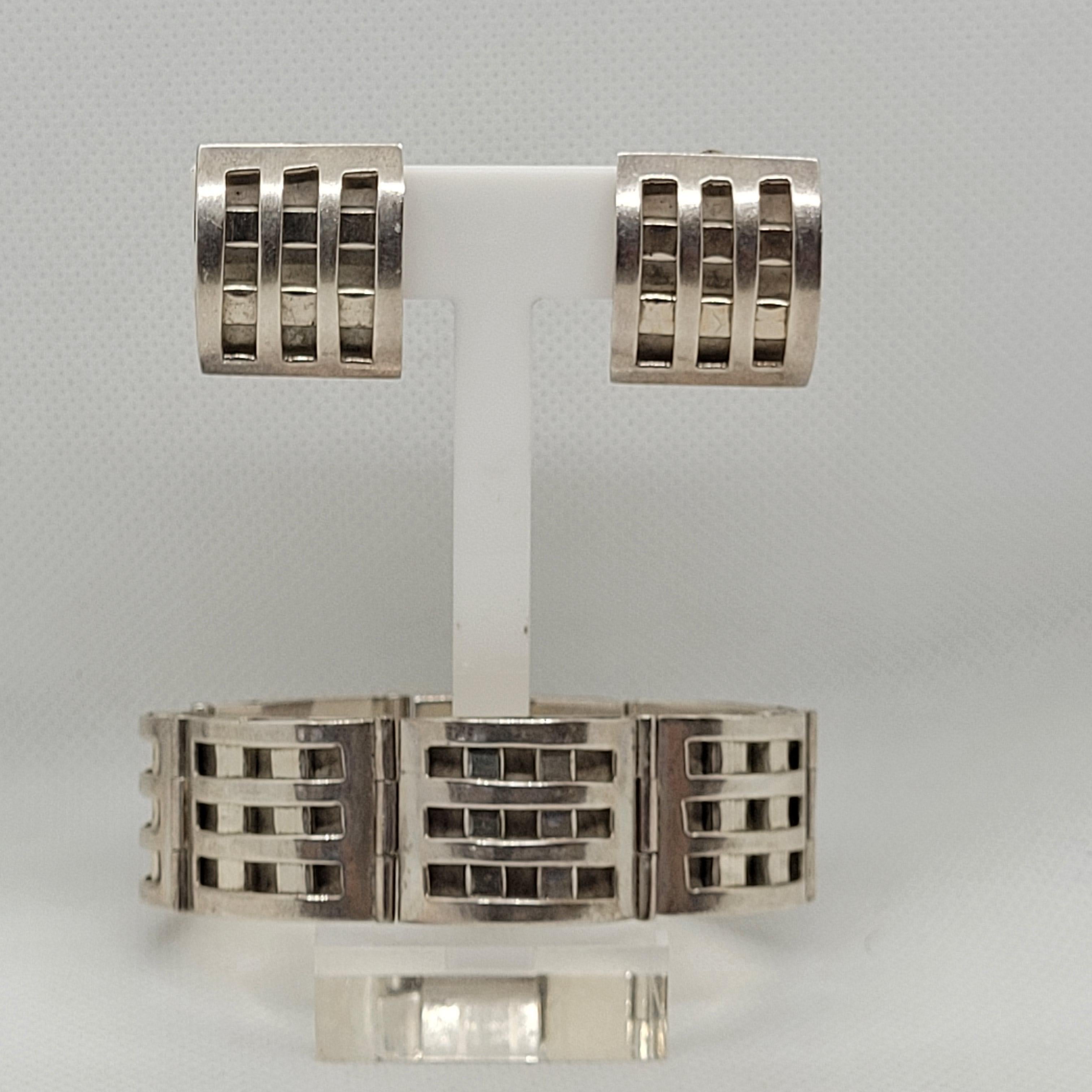 Modern Sterling Silver Earring & Bracelet Set, Clip-On, Stamped, Designer, Weave Design For Sale