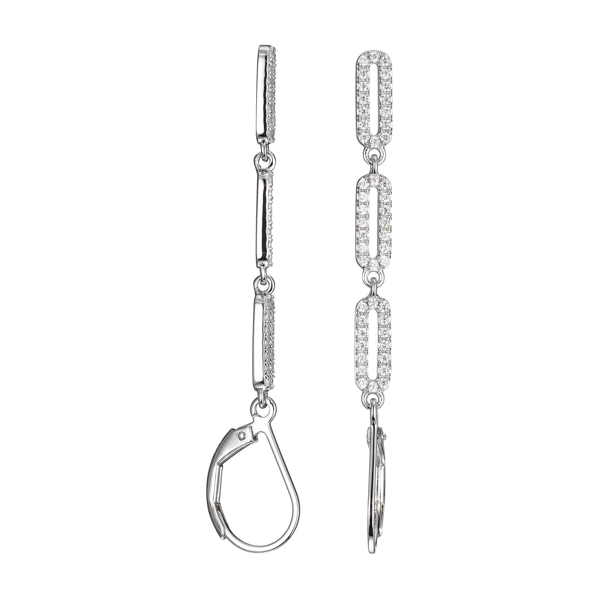 Modern Sterling Silver Earrings made with CZ, Lever Back, Rhodium Finish For Sale