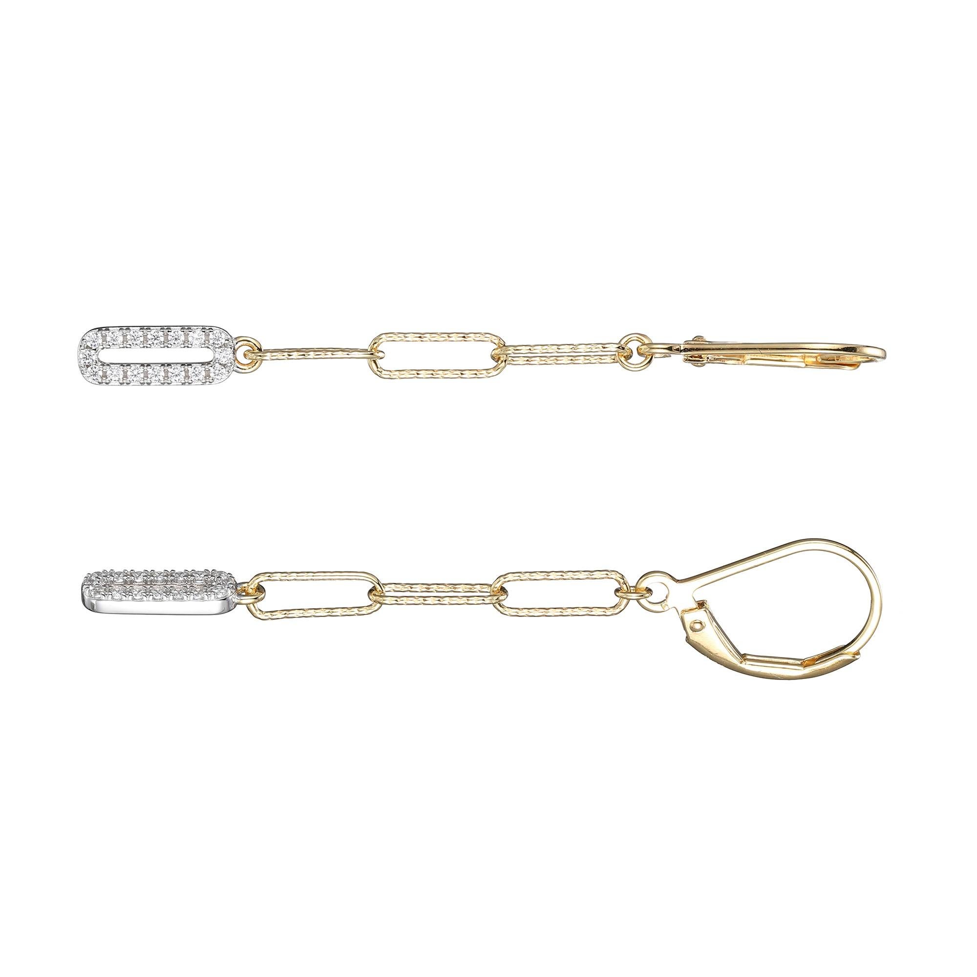 Sterling Silver Earrings made with Diamond Cut Paperclip Chain (3mm) and CZ, Lever Back, 2 Tone, 18K Yellow Gold and Rhodium Finish