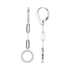 Sterling Silver Earrings Paperclip Chain (3mm) CZ Circles (12mm), Rhodium Finish