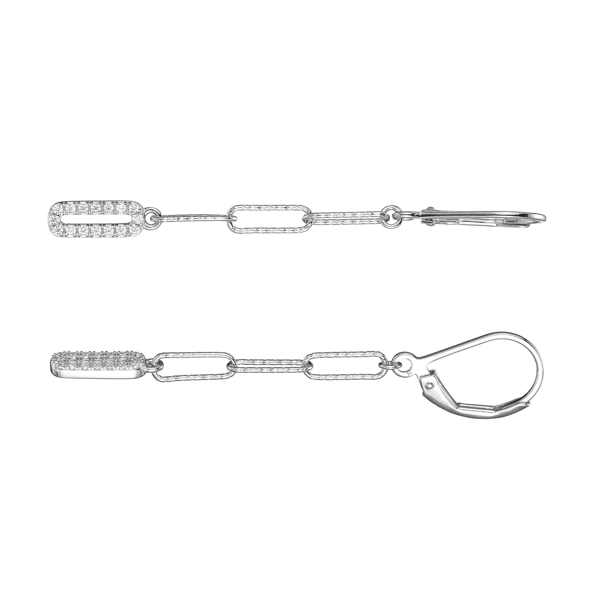 Sterling Silver Earrings made with Diamond Cut Paperclip Chain (3mm) and CZ, Lever Back, Rhodium Finish