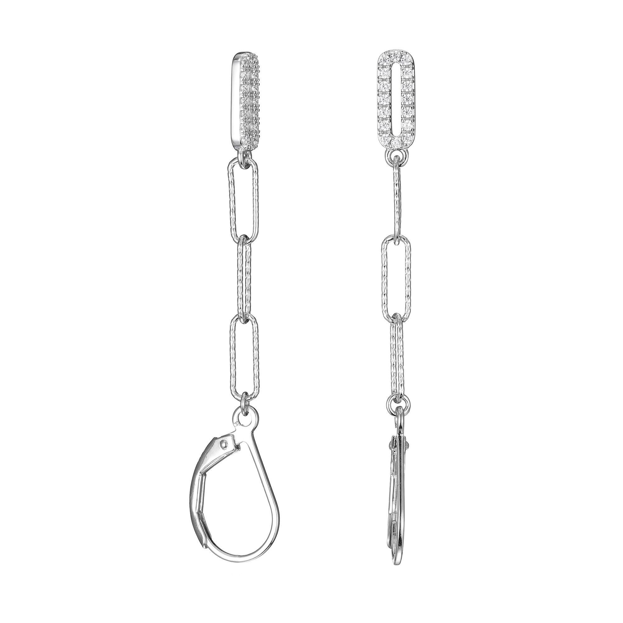 Modern Sterling Silver Earrings Paperclip Chain (3mm) CZ, Rhodium Finish For Sale