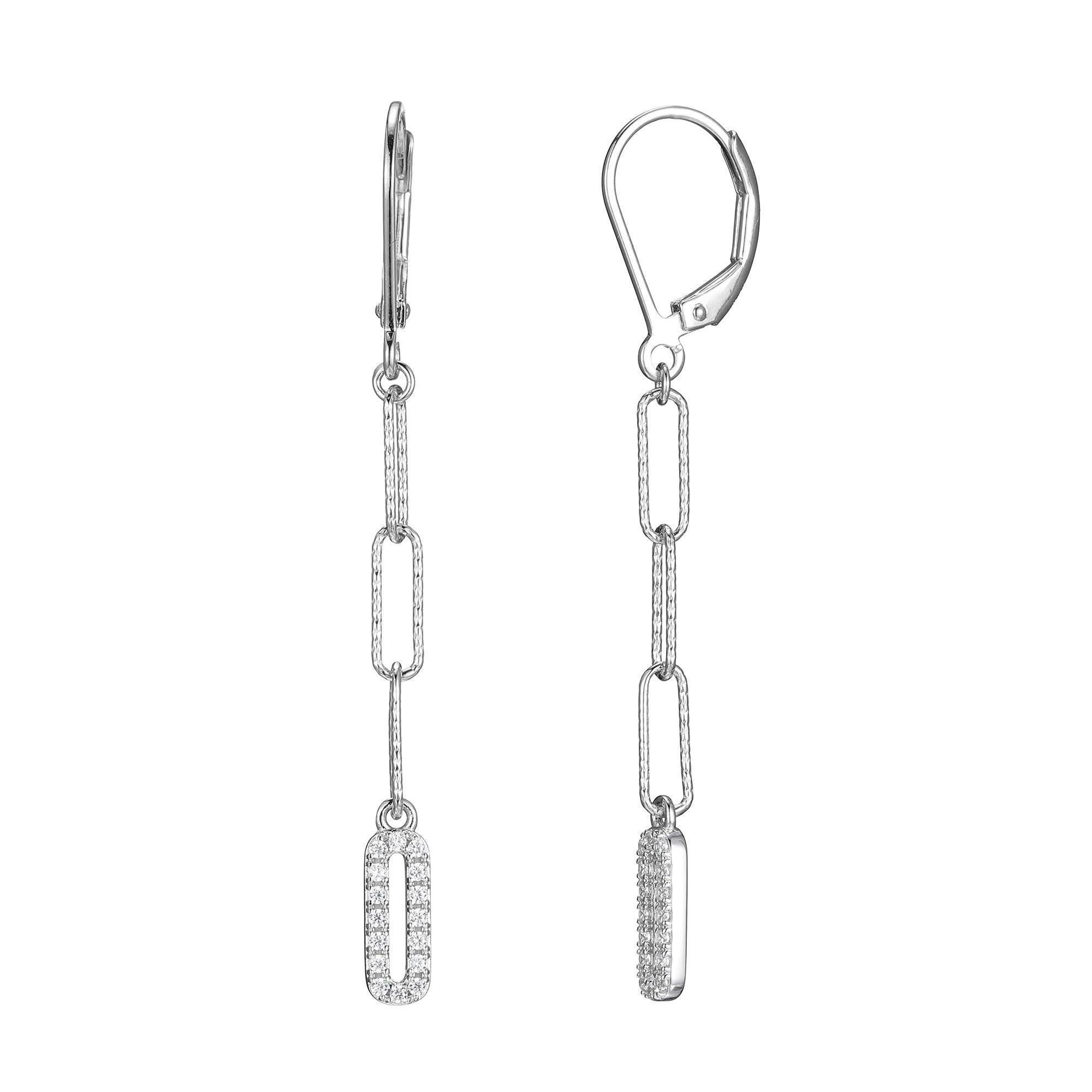 Sterling Silver Earrings Paperclip Chain (3mm) CZ, Rhodium Finish For Sale