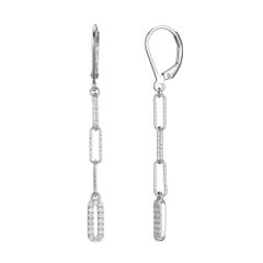 Sterling Silver Earrings Paperclip Chain (3mm) CZ, Rhodium Finish