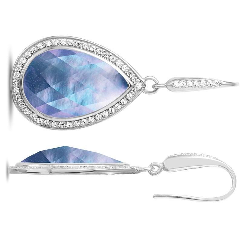Sterling Silver Earrings, White Crystal, Mother of Pearl & Lapis Doublet with CZ, Rhodium Finish