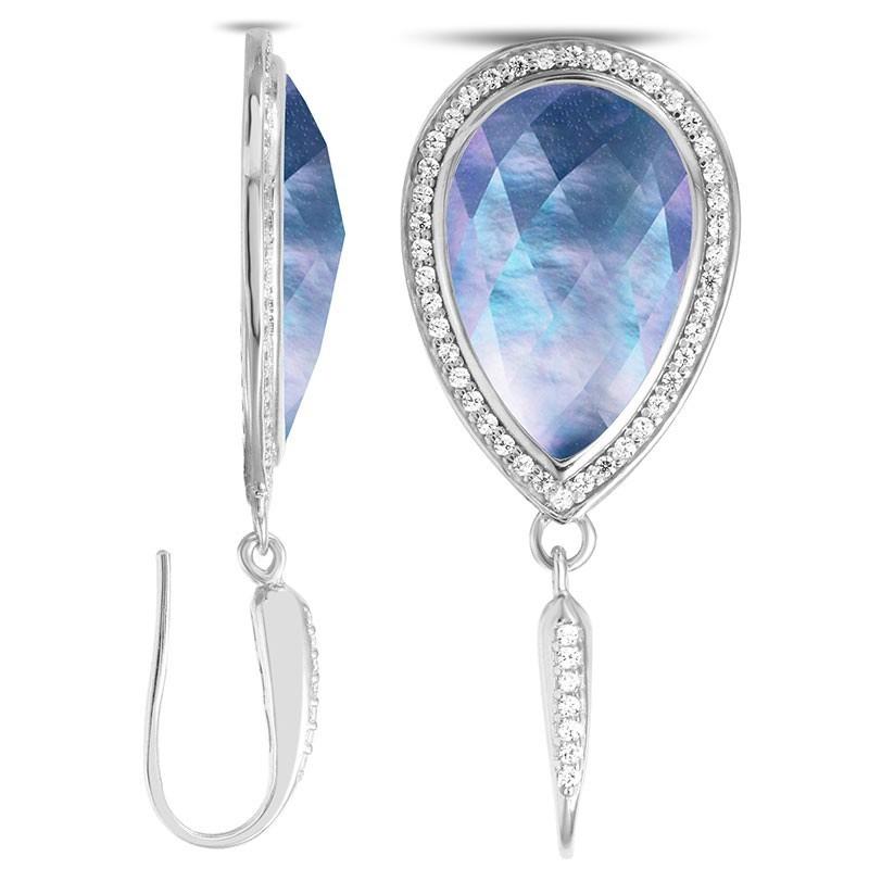 Modern Sterling Silver Earrings, White Crystal, Mother of Pearl & Lapis Doublet with CZ For Sale