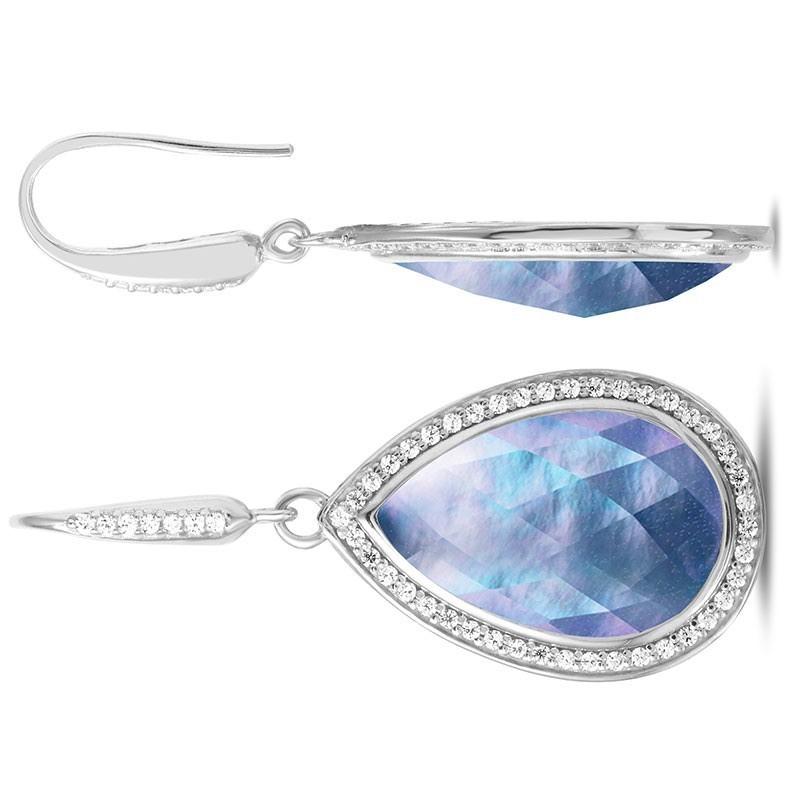 Pear Cut Sterling Silver Earrings, White Crystal, Mother of Pearl & Lapis Doublet with CZ For Sale
