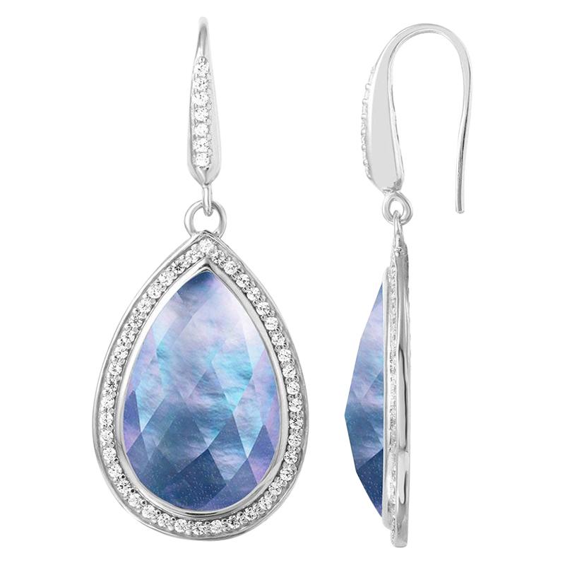 Sterling Silver Earrings, White Crystal, Mother of Pearl & Lapis Doublet with CZ For Sale
