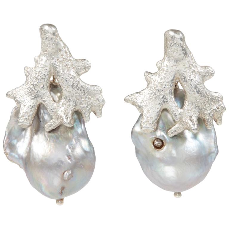 Sterling Silver Earrings with a Grey Freshwater Pearl and Diamond